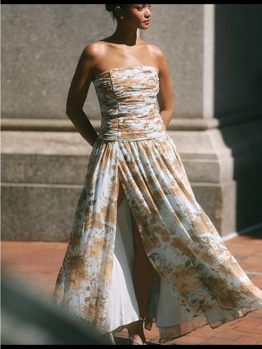 BHLDN Strapless Ruched Chiffon A-Line Maxi Dress in in Mint Green and Tan Floral